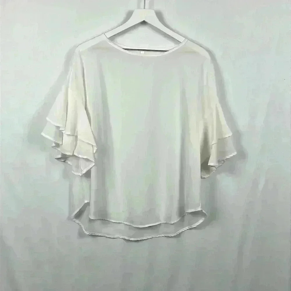 Red Lolly Women’s Scoop Neck Pullover Hi-Lo Short Sleeves w/Ruffles White L